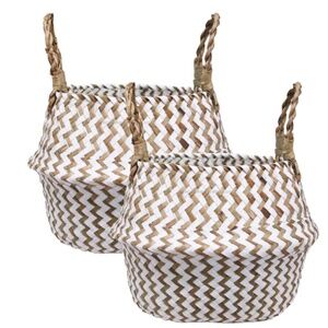 Set of 2 Alexis White and Natural Seagrass Belly Basket